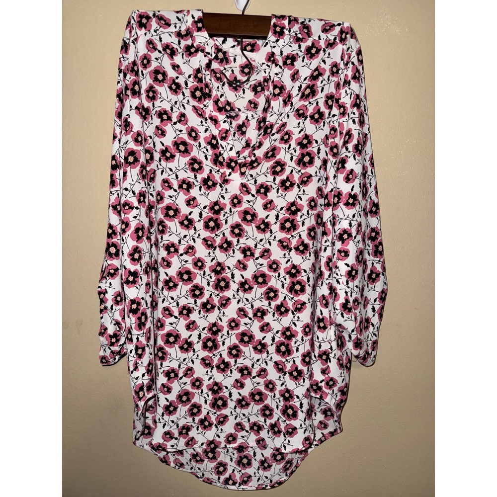 Pink Black Floral Poppy Roll Tab Sleeve V-Neck Blouse Top M cottagecor lagenlook - Picture 2 of 8